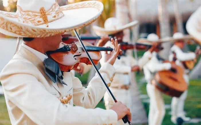Violinista del Mariachi del Rey con traje crema tocando en un jardín